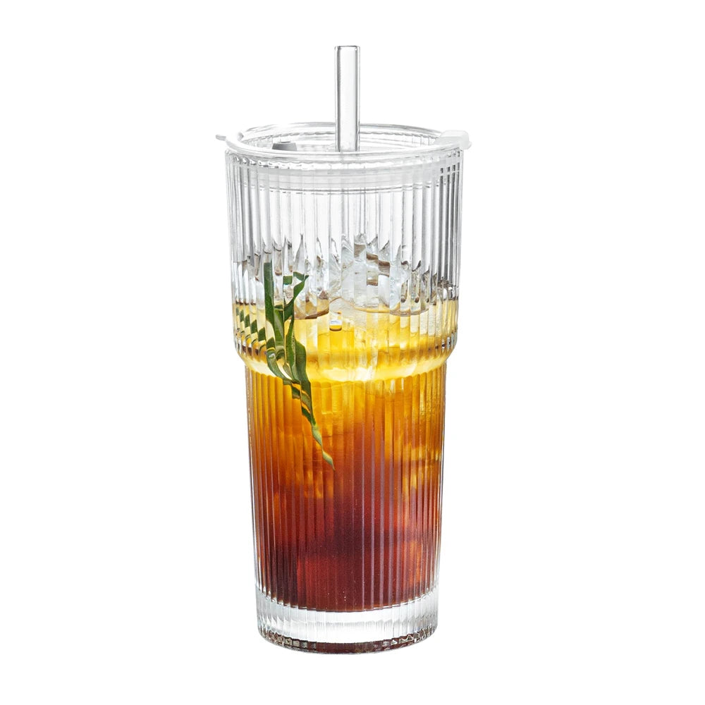 1/2pcs 600ml Stripe Glass Cup with Lid and Straw – Transparent Juice, Water, and Iced Coffee Drinking Glass